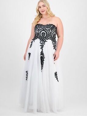 NWT TLC Say Yes sz20W White Tulle Strapless Dress w/Black Beading and Embroidery